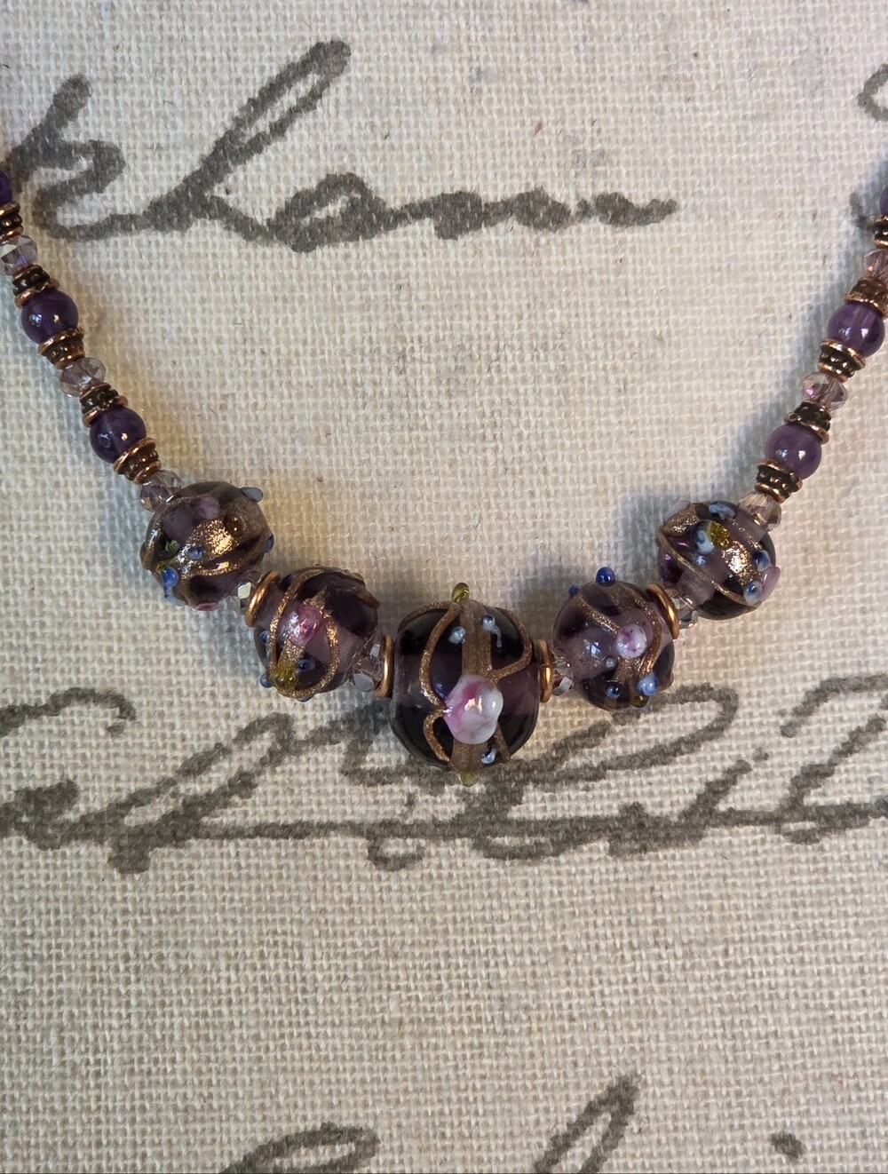 New Amythyst And Lamp Worked Bead Necklace.